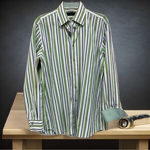Jack Lipson Flex Lime & Navy stripe 100% Cotton button down shirt 16.5, Large‍﻿﻿